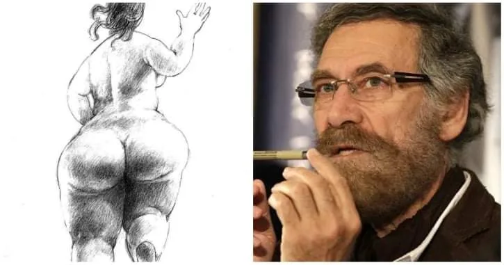 علي فرزات مع إحدى رسوماته