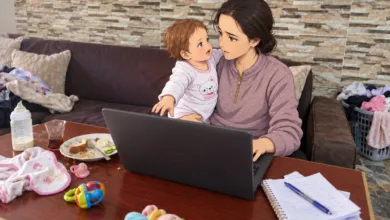 أم عاملة تحمل طفلتها وتعمل على اللابتوب وسط مهام المنزل اليومية - صورة تعبيرية