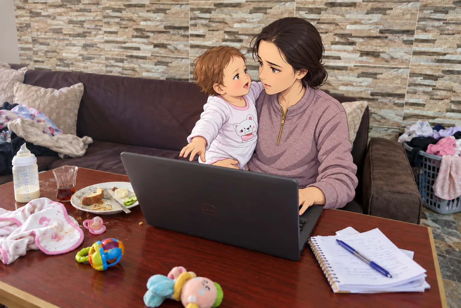 أم عاملة تحمل طفلتها وتعمل على اللابتوب وسط مهام المنزل اليومية - صورة تعبيرية